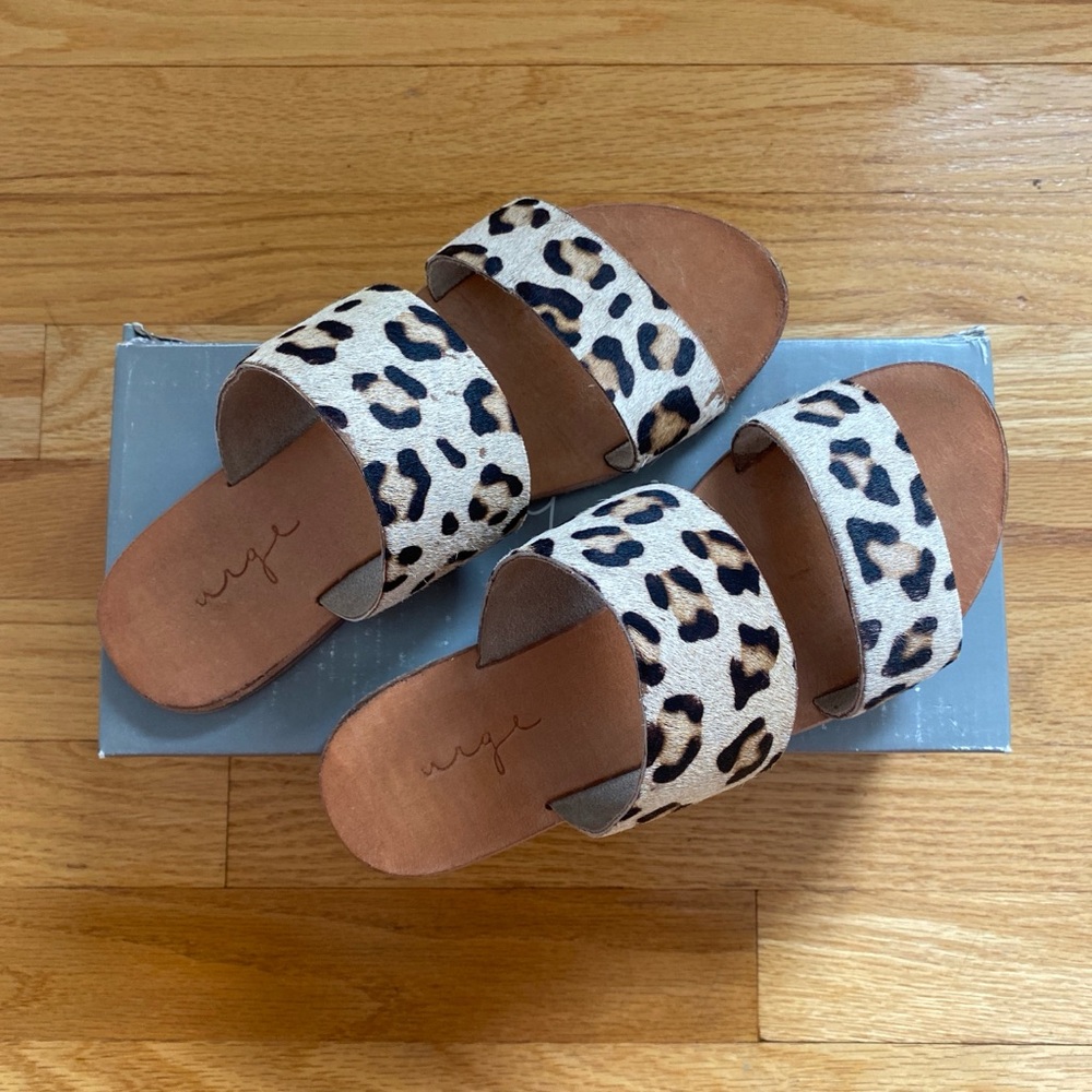 Leopard Print Double Strap Slide Sandals - Brown/Tan